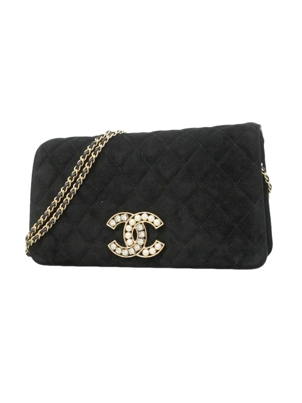 Chanel Shoulder Bag Quilted Suede Black Champagne Gold